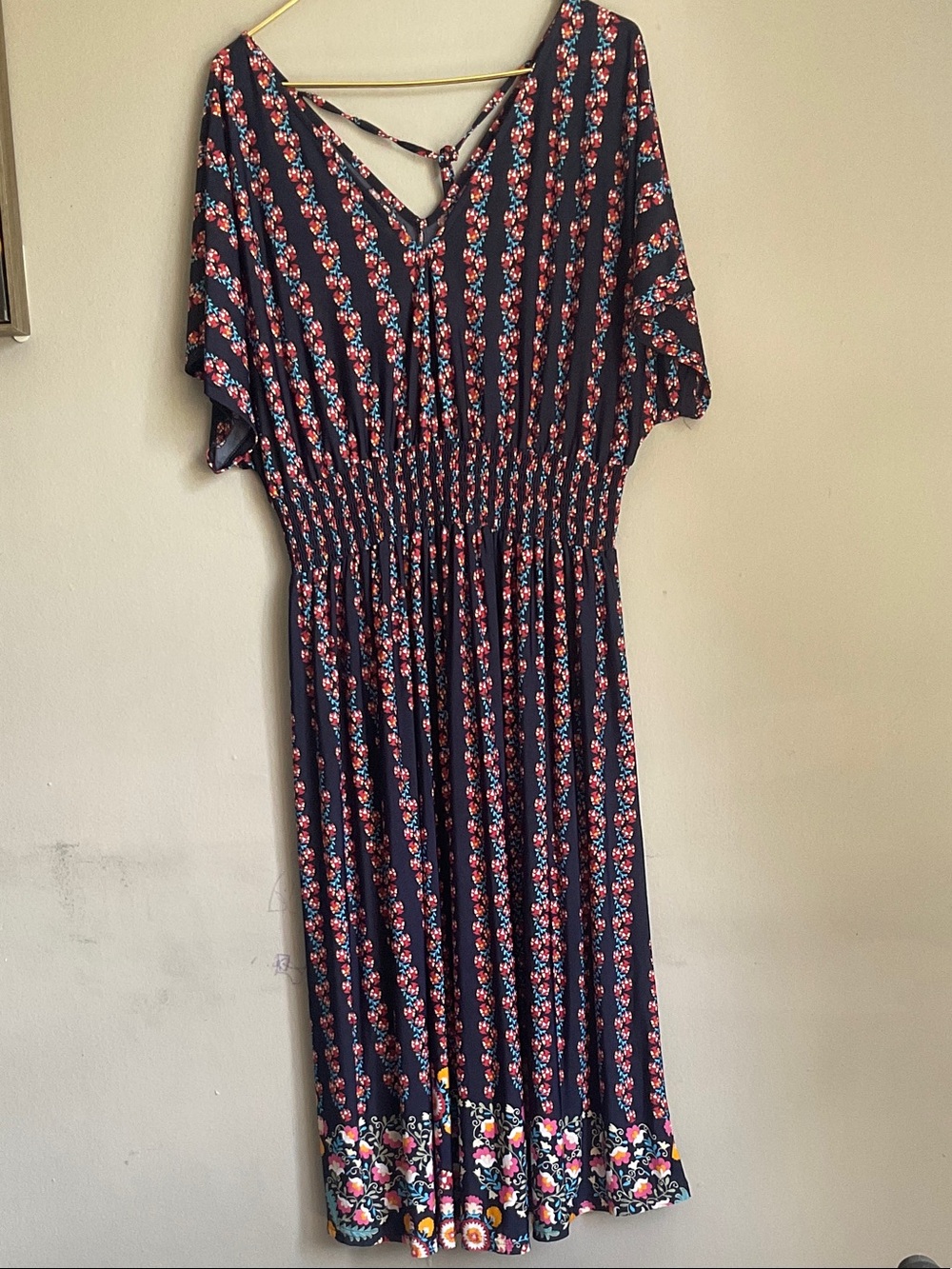 Navy Floral Maxi Dress with Smocked Waist and Crisscross Back